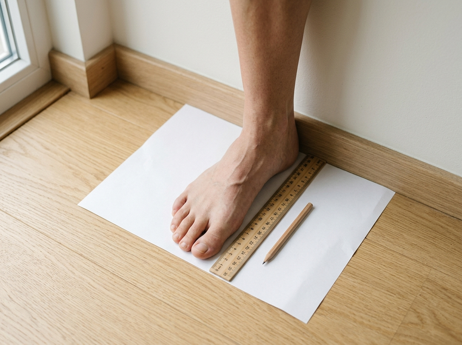 How to measure your foot: heel to the wall, measure to your longest toe