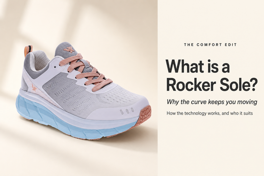 Vitasole Walker shoe with a curved rocker sole on a cream background
