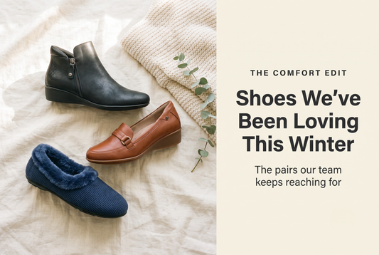 A Revere boot, cognac loafer and navy slipper grouped on cream linen for The Comfort Edit