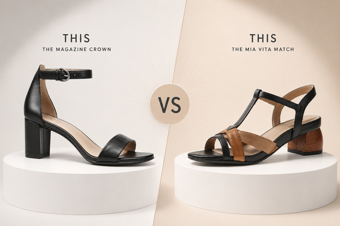 Black heel sandal versus black and tan Mia Vita sandal, split by a VS badge