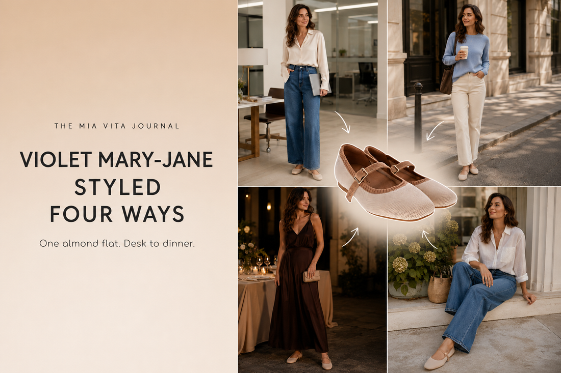 Violet Mary-Jane flat in almond styled four ways, desk to dinner
