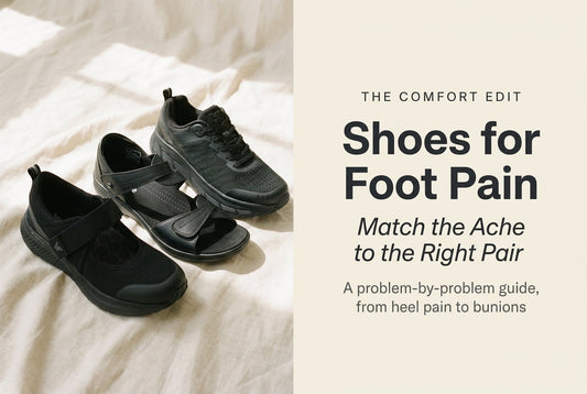 Three supportive black shoes, a strap sneaker, a sandal and a lace-up trainer, on cream linen from The Comfort Co