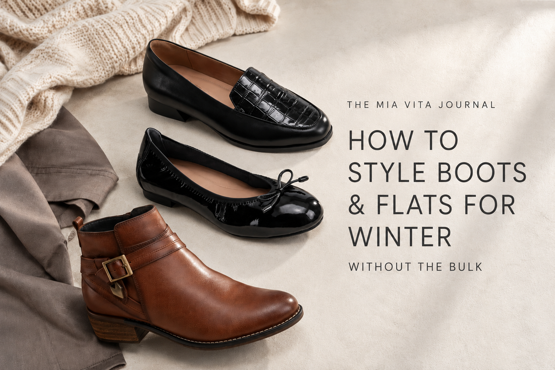 Mia Vita Journal blog cover showing black women’s loafers, black ballet flats and a tan ankle boot styled on a warm neutral surface with winter knitwear and editorial text about styling boots and flats without bulk.