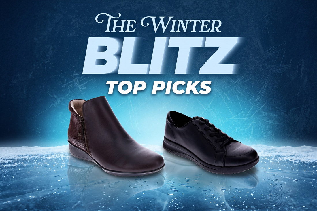 The Winter Blitz Top Picks: a brown leather ankle boot and a black casual sneaker on a frozen blue background.