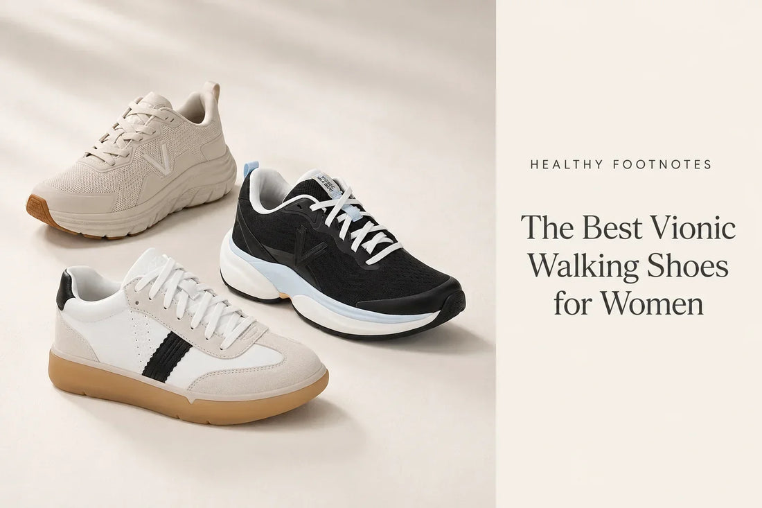 Three Vionic women's walking sneakers in cream, black and white on a studio floor