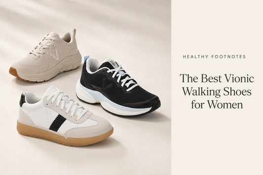 Three Vionic women's walking sneakers in cream, black and white on a studio floor