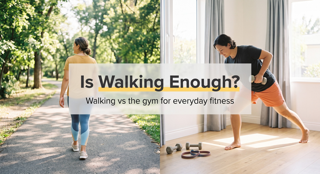 Split cover: woman walking a leafy path beside a light home dumbbell workout