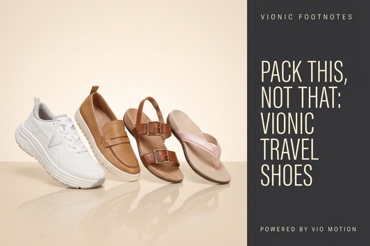 Four Vionic travel shoes floating above a cream studio floor