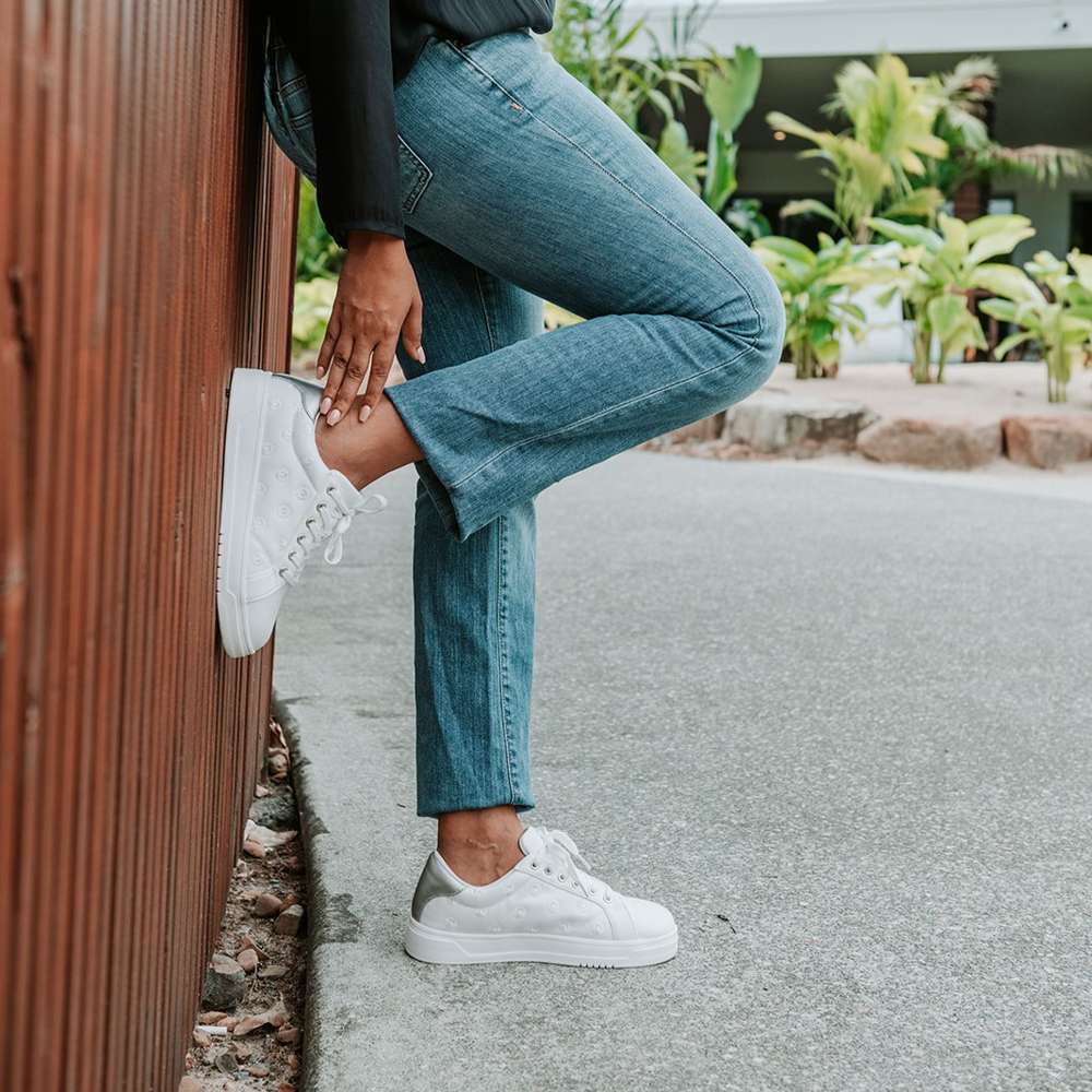 Paisley Floral Lace-Up Casual Sneaker - White/Silver Patch